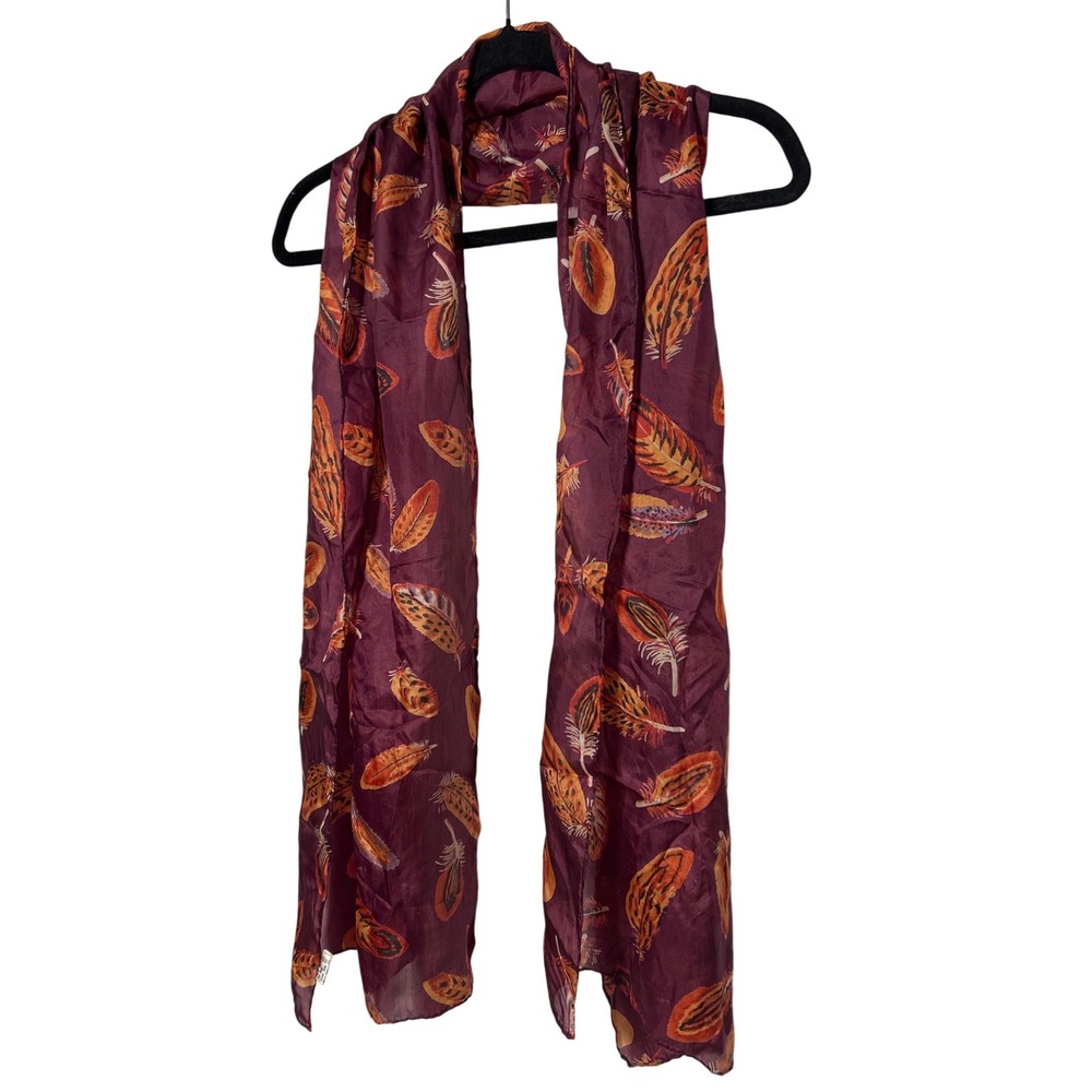 Pure Silk Feather Print Scarf Plum Purple Orange Lightweight 64Long 16" Wide
